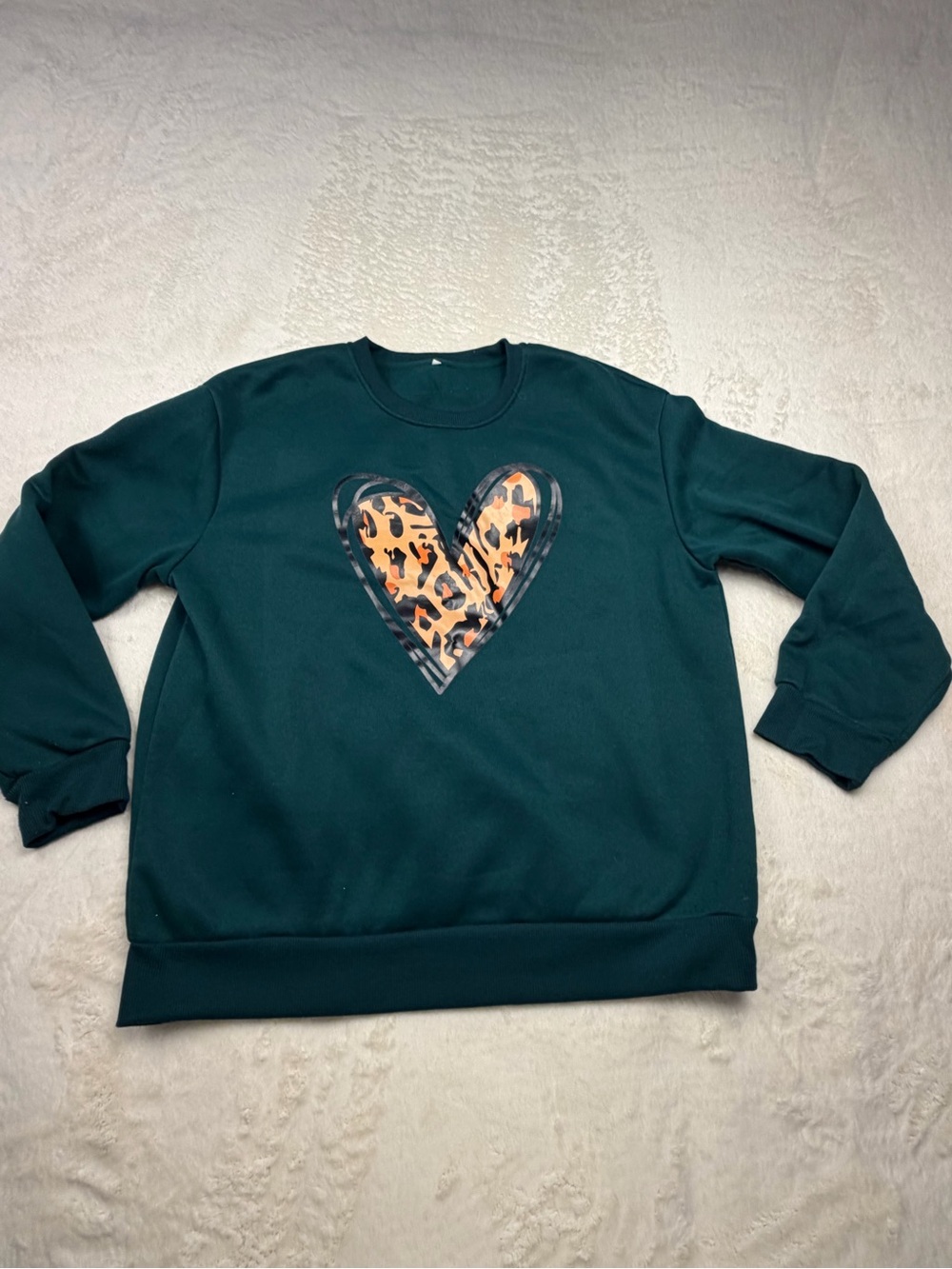 SHEIN Forest Green Crewneck Sweater with Leopard Heart